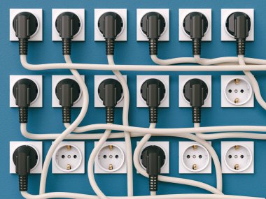 schuko sockets on blue wall, 3d render