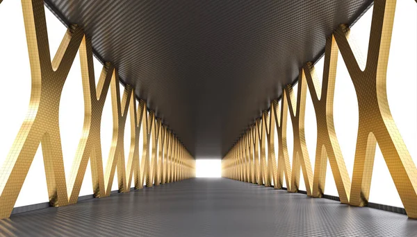 有碳地板和黄金结构的隧道 3D渲染 — 图库照片