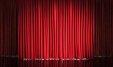 Kırmızı kadife perdeler ve yansıtıcı siyah zemin. 3d hazırlayıcı