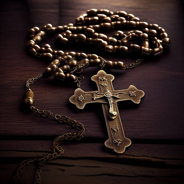 木製の背景に金属の十字架とキリスト教のロザリオ 3Dレンダリング — ストック写真