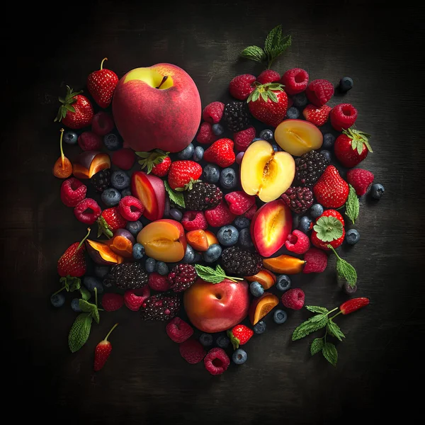 Bir Meyve Seti Ahşap Arka Planda Bir Kalp Şekli Oluşturur — Stok fotoğraf