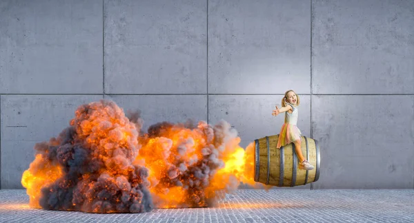 Boldog Kislány Lovagol Egy Nagy Fahordóban Meghajtás Lángok Füst Hátulról — Stock Fotó