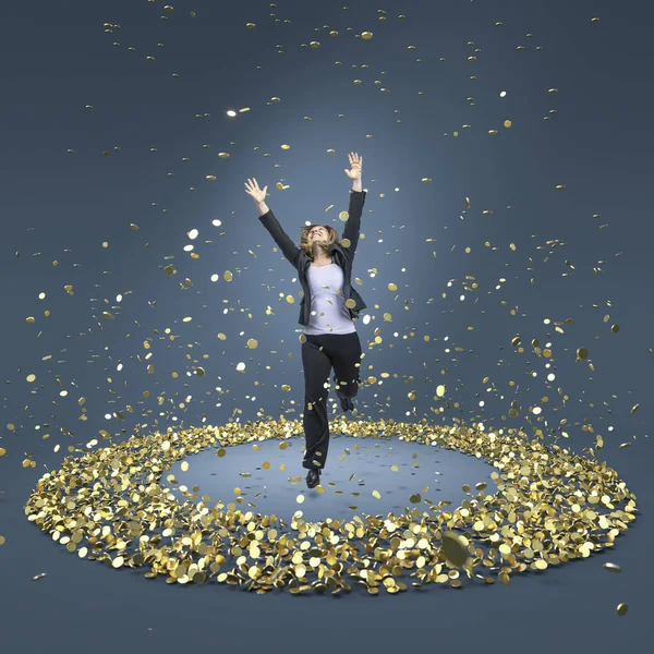 Donna Affari Salta Felicemente Cerchio Monete Oro — Foto Stock