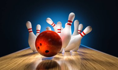 bowling ball hits pins falling on the track, 3d render clipart