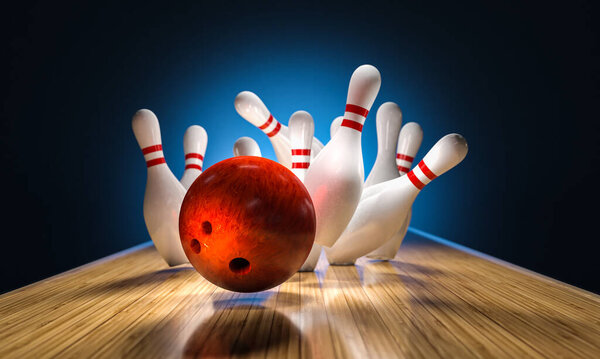 bowling ball hits pins falling on the track, 3d render