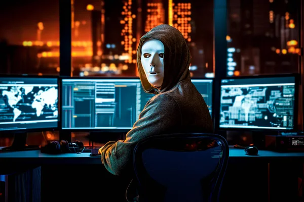 Хакер Белой Маске Компьютером Сервером Освещенный Город Заднем Плане — стоковое фото