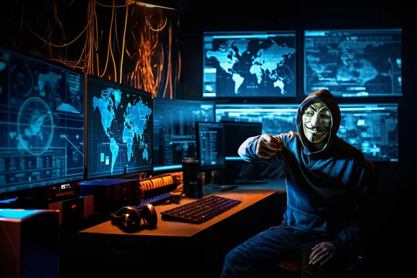 Hacker Con Máscara Anónima Dentro Una Habitación Llena Computadoras — Foto de Stock
