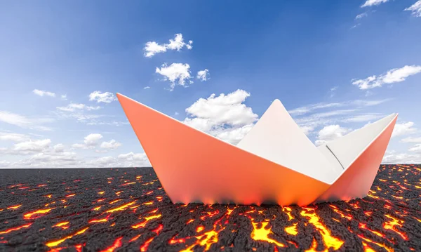 Paper Boat Sea Lava Blue Sky Clouds Render — Stock Photo, Image
