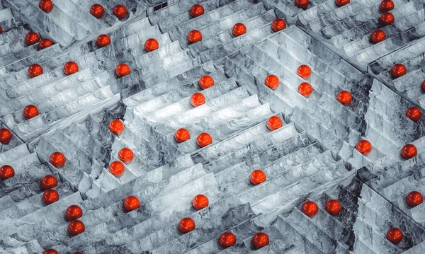3次元の溝を持つ大理石の背景に赤い金属のビー玉 — ストック写真