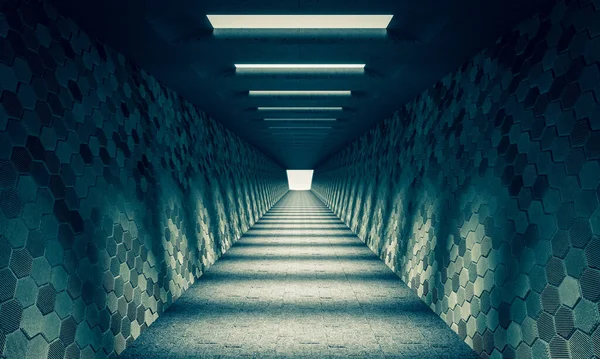 Бетонные Туннели Потолочными Окнами Стенами Шестиугольными Узорами Рендеринг — стоковое фото