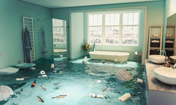 浸水したモダンなバスルームの内部3Dレンダリング — ストック写真