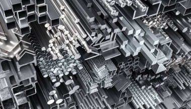 Metal çubuklar ve farklı şekillerde profiller, üretim endüstrisi. 3d hazırlayıcı