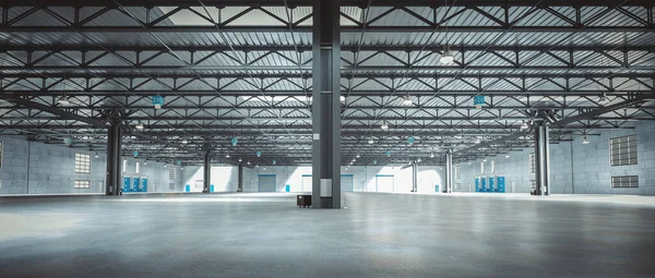 Large Empty Warehouse Render Horizontal Wide Angle View — Stock Photo, Image