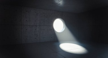 Dairesel pencereli beton bir iç mekan. Işık huzmeleri buradan içeri giriyor. 3d hazırlayıcı