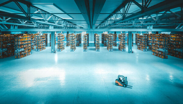 huge warehouse with forklift on first floor. 3d rendering background