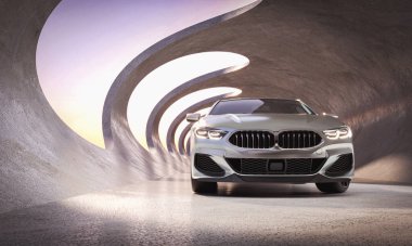 Fütürist kıvrımlı soyut tünelde lüks bir araba. 3d hazırlayıcı