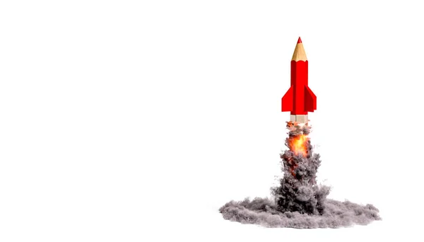 Beyaz Arka Planda Duman Çıkaran Bir Roket Kalem Hazırlayıcı — Stok fotoğraf