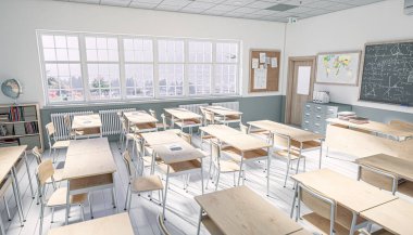 view of bright traditional school interior with nobody. education concept. 3d render clipart