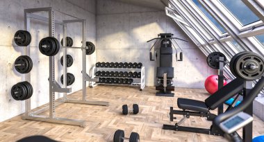 Modern bir dairede özel fitness salonu. 3d hazırlayıcı