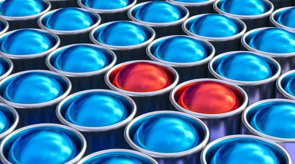 青と赤の球とシリンダーが付いている金属の背景 3Dレンダリング — ストック写真