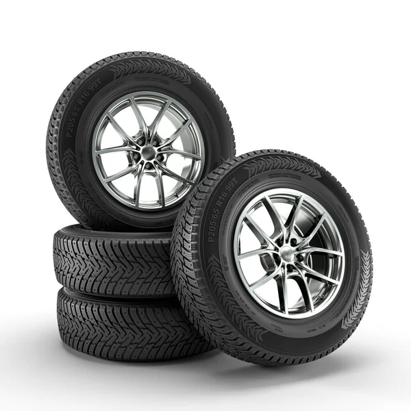 白い背景に積み重ねられた冬のタイヤのセット 3Dレンダリング — ストック写真