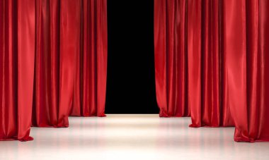 Kırmızı perdeler ve koyu arkaplan, boş plaket. 3d hazırlayıcı