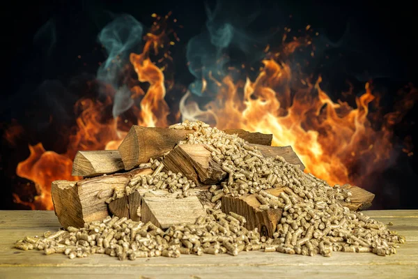Wood Pellets Beech Logs Flames Background — Stock Photo, Image