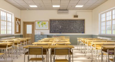 Geleneksel Japon ahşap okul içi. 3d hazırlayıcı
