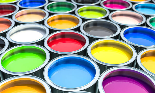 group of cans filled with coloured paint. 3d render