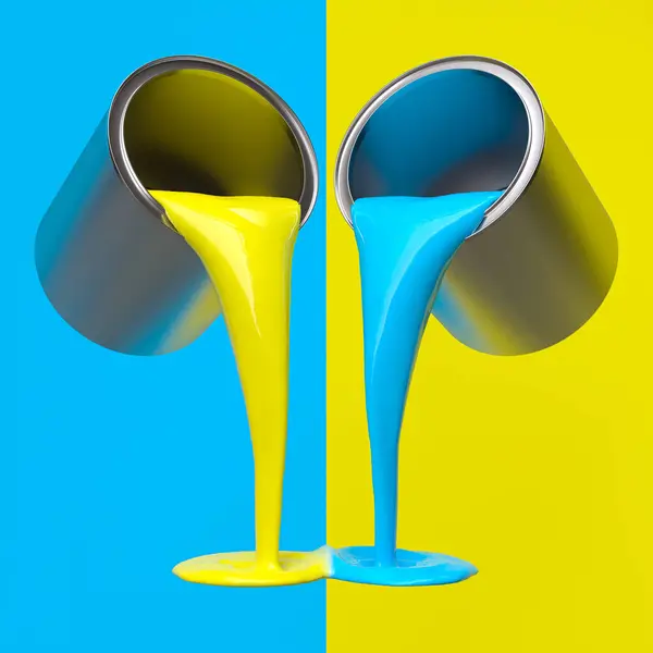 paint poured from two cans with opposite background colours. 3d render