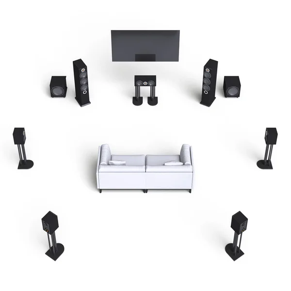 Home Theatre Entertainment System Sofa White Background Render — Stock Photo, Image
