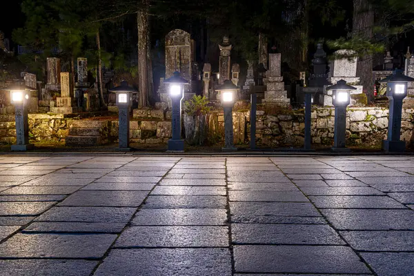 Stone lanterns in Okunoin cemetery at night