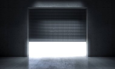 Metal kepenkli ve beton duvarlı garaj girişi. 3d hazırlayıcı