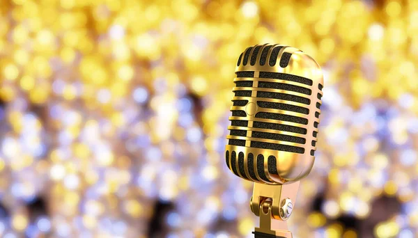 vintage gold microphone and blurred background with twinkling lights, 3d render illustration