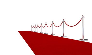 3D rendeleme kırmızı halı ve metal bariyerler beyaz üzerine izole kordon