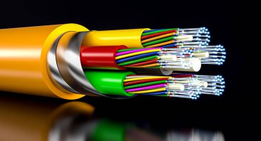 Siyah üzerine fiber optik detay. 3d oluşturma arkaplanı