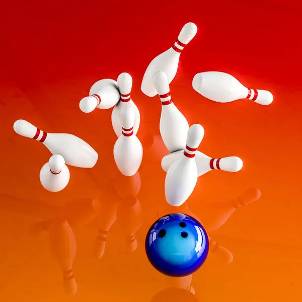 Kegeltjes Bowlingbal Een Oranje Achtergrond Renderen — Stockfoto
