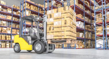 Endüstriyel bir depoda forklift taşıyor. 3d hazırlayıcı