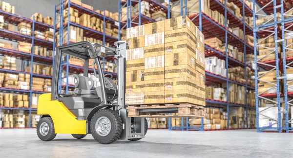 Endüstriyel bir depoda forklift taşıyor. 3d hazırlayıcı