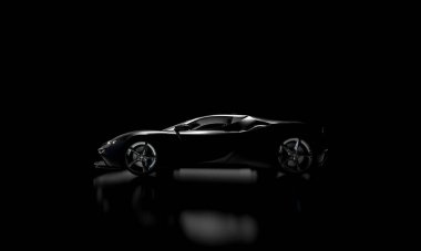 Siyah süper arabanın arka plandaki yan görüntüsü. Hiç kimse 3d canlandırma çizimi