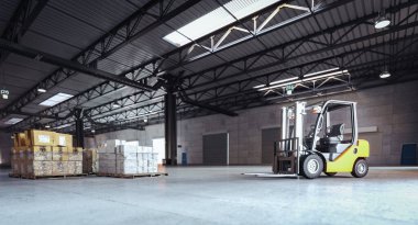  Forklift neredeyse boş bir depo 3D oluşturucu içinde faaliyet halinde.