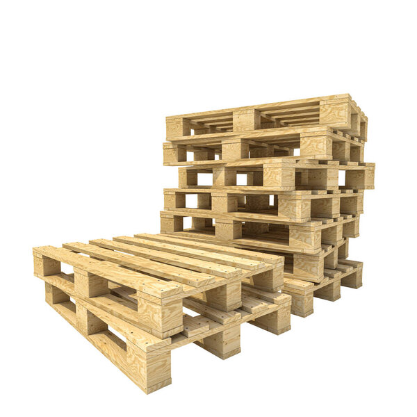 стопка промышленных деревянных поддонов на белом фоне. 3D рендеринг