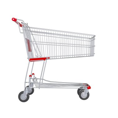 Kırmızı aksanlı metal alışveriş arabası, beyaz arka planda izole edilmiş.