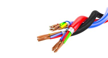 Yüksek çözünürlüklü birbirine dolanmış elektrik kablolarının temiz beyaz arkaplan, 3D görüntüsü