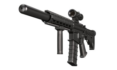  Beyaz arka planda dürbünlü tüfek. 3d hazırlayıcı