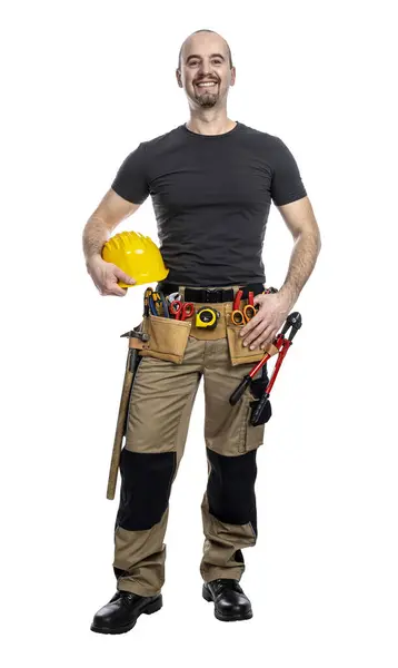Cheerful Male Construction Worker Casual Attire Holding Yellow Hard Hat — Stock Photo, Image