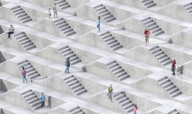Bireyler labirent benzeri beton şehir ortamında geziniyorlar. 3d hazırlayıcı