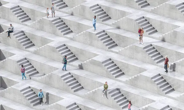 Individuals Navigate Maze Stairs Concrete Urban Environment Render — Stock Photo, Image