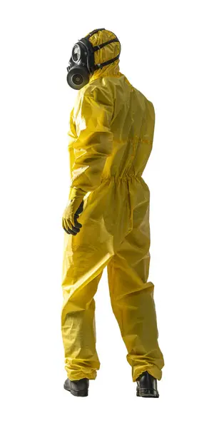 Professional Hazmat Suit Worker Standing Full Body Yellow Protective Gear — Stock Photo, Image
