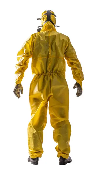 Rear View Person Dressed Yellow Hazmat Suit Isolated White — Stock Photo, Image